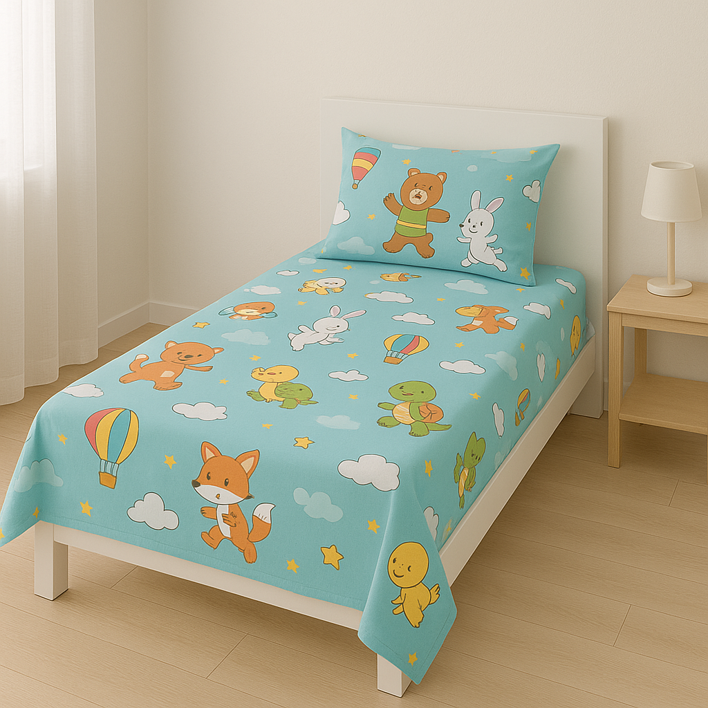 Kids Cartoon Printed Bedsheet - Single Size - Soft Cotton on white background - The Cocoon Tribe
