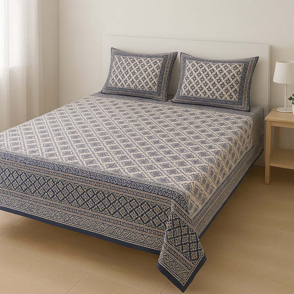Premium King Size Bedsheet - Jaipuri Block Print - 100% Cotton on white background - The Cocoon Tribe