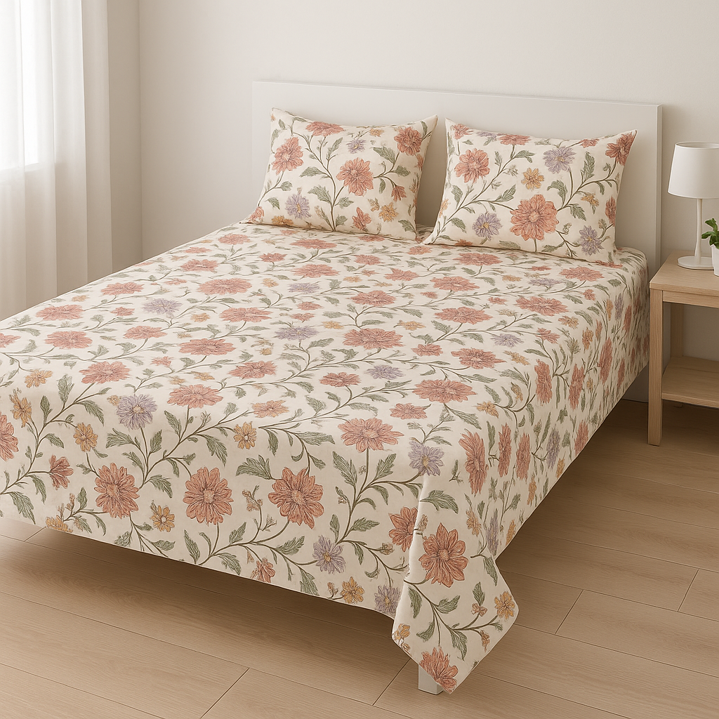 Pure Cotton Double Bedsheet with 2 Pillow Covers - Floral Print on white background - The Cocoon Tribe